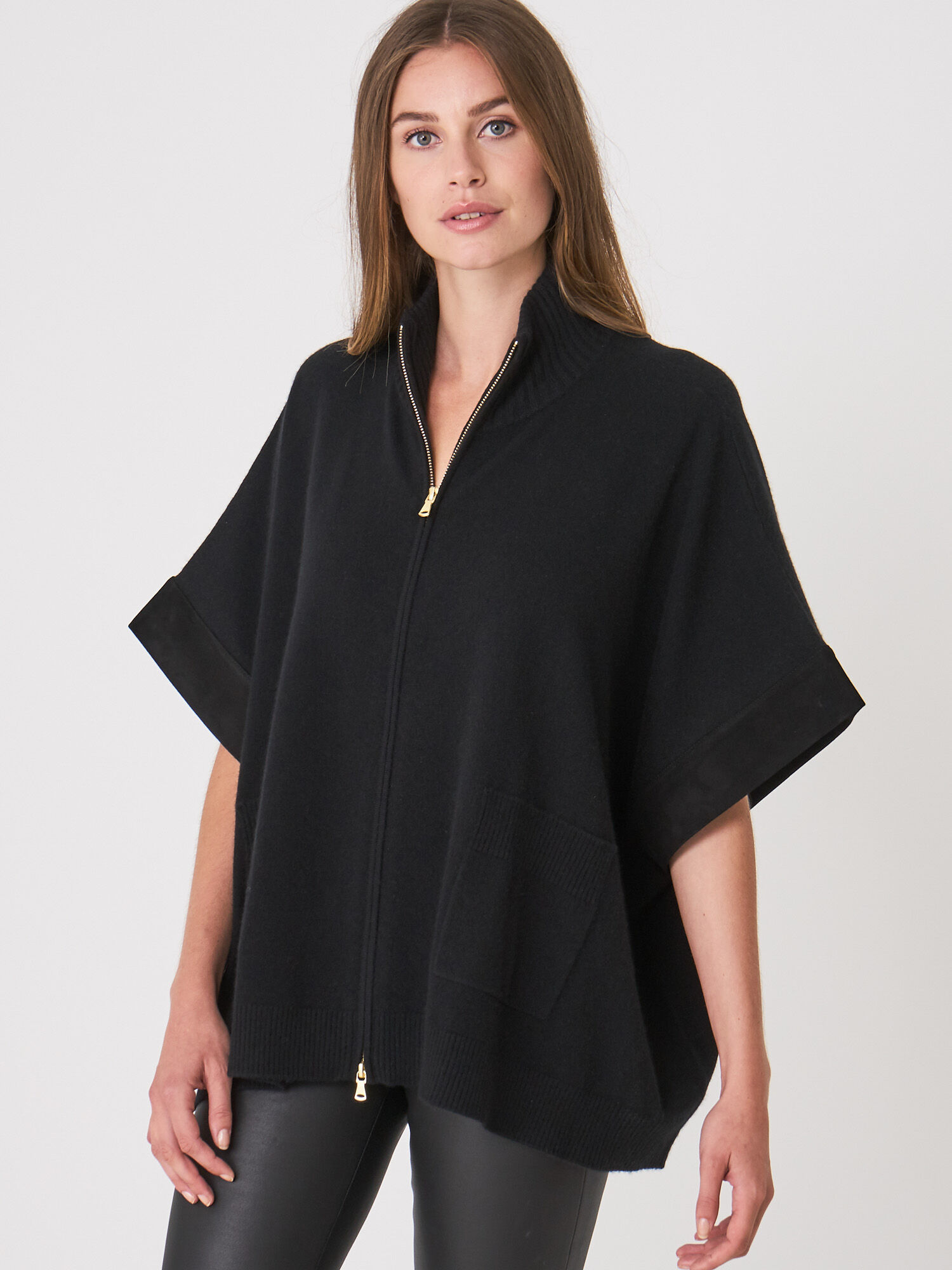 Poncho van cashmere melange met armsgaten van suède